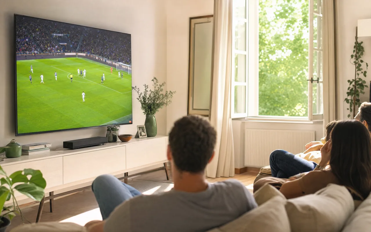 Salotto italiano chiaro con un grande televisore che trasmette una partita di calcio in diretta, illustrando il calcio incluso in una liste IPTV