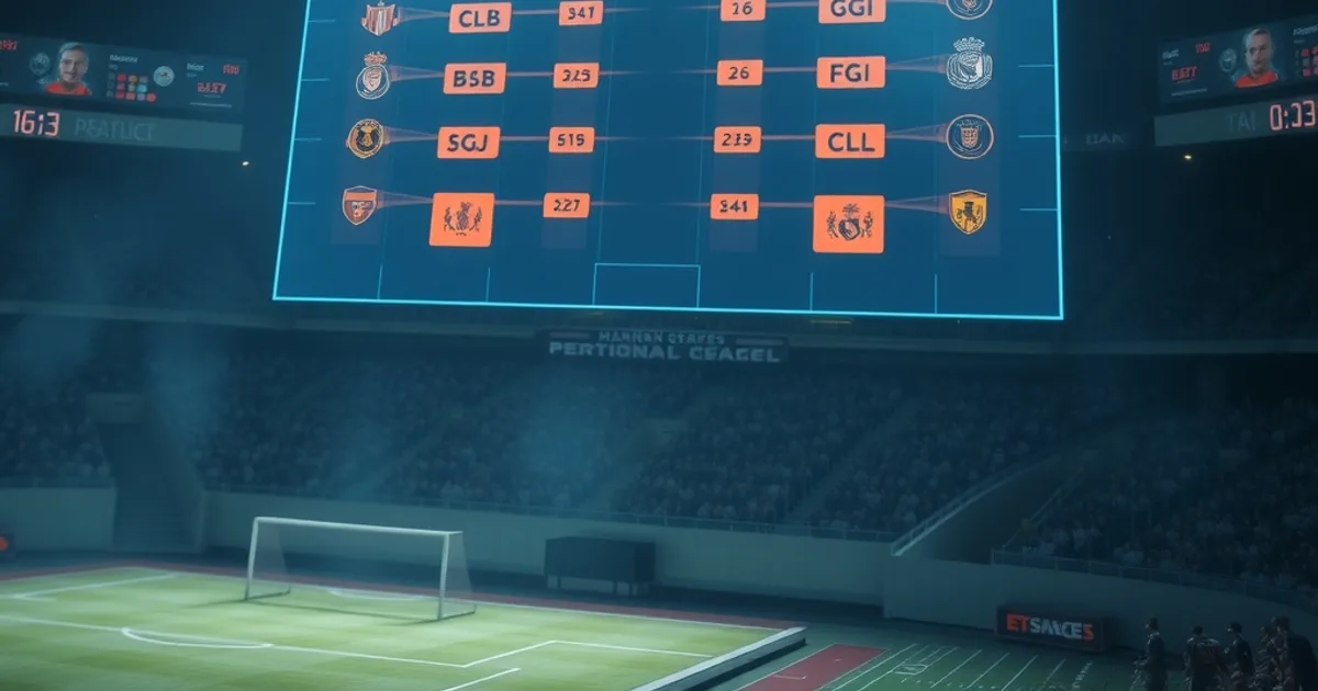 Tabellone luminoso a griglia che rappresenta la classifica unica della league phase di Champions League, con schermi multipli sovrapposti in un'atmosfera scura e cinematografica