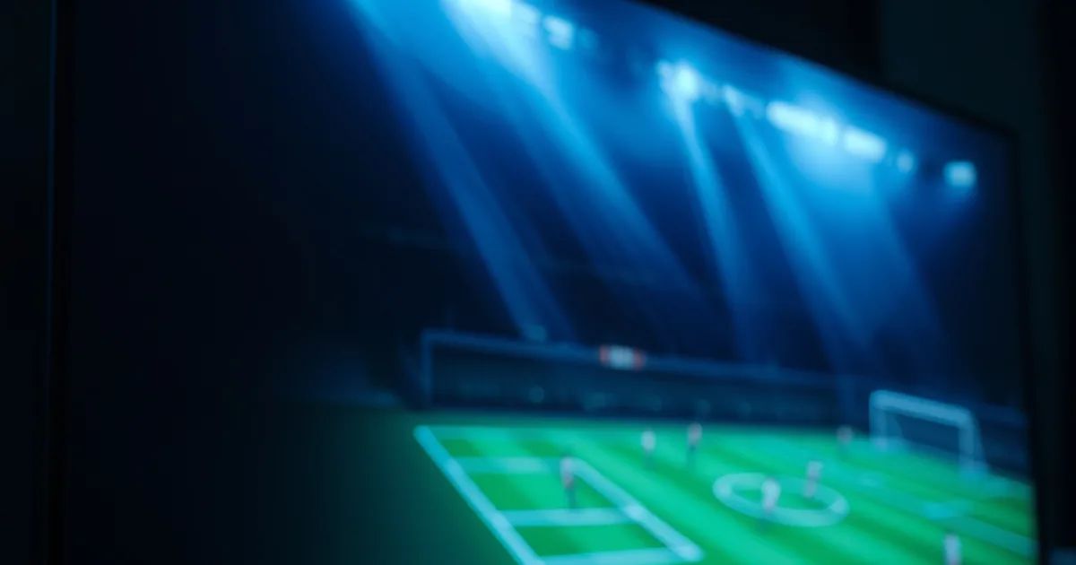 Dispositivo IPTV con luci blu che simboleggia il flusso video compresso verso uno schermo con un campo da calcio in 4K