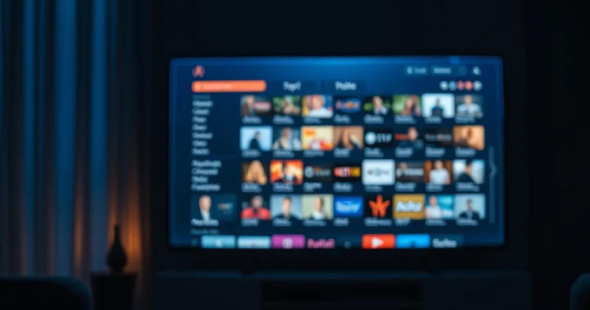 Schermo TV al buio con una guida programmi elettronica visualizzata, atmosfera cinematografica scura