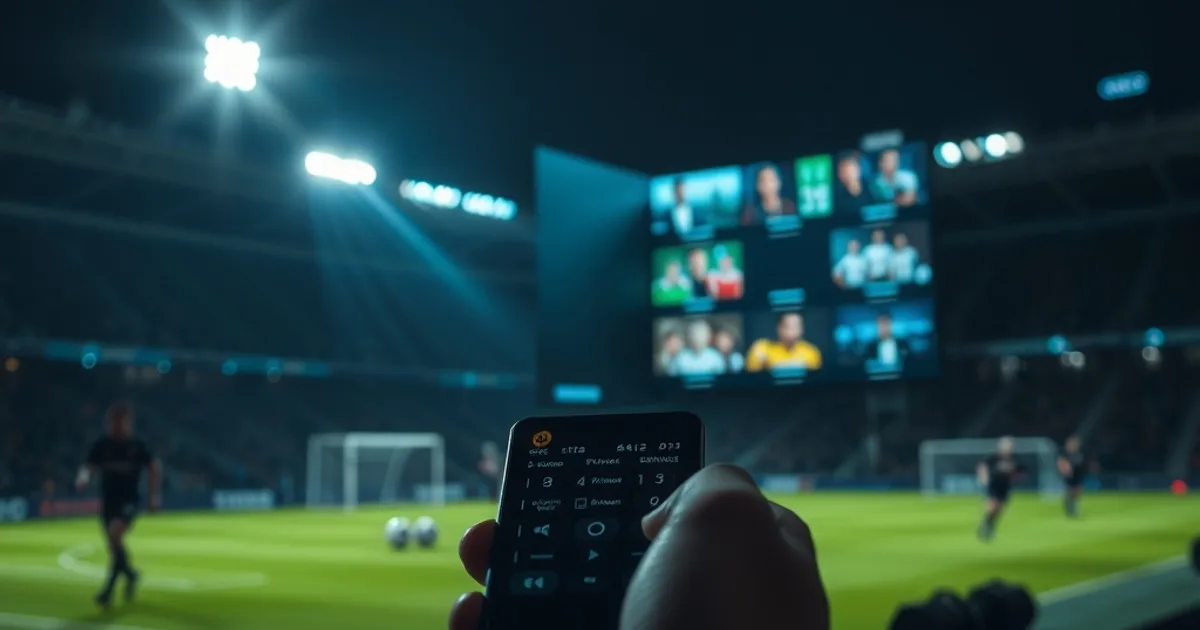 Stadio di calcio illuminato di notte visto da una stanza buia, con una TV in primo piano che mostra più riquadri di partite in diretta