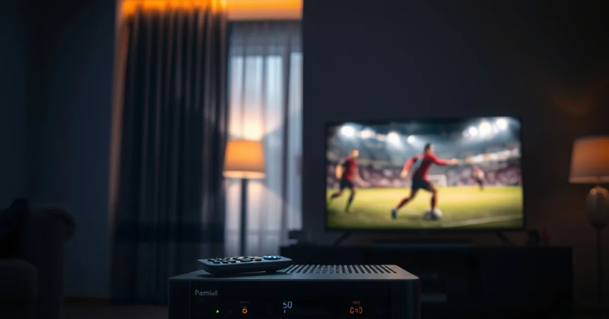 Scena notturna cinematografica con un decoder satellitare e un box streaming ai lati di una pila di monete, a rappresentare il confronto di costo tra TV a pagamento e IPTV