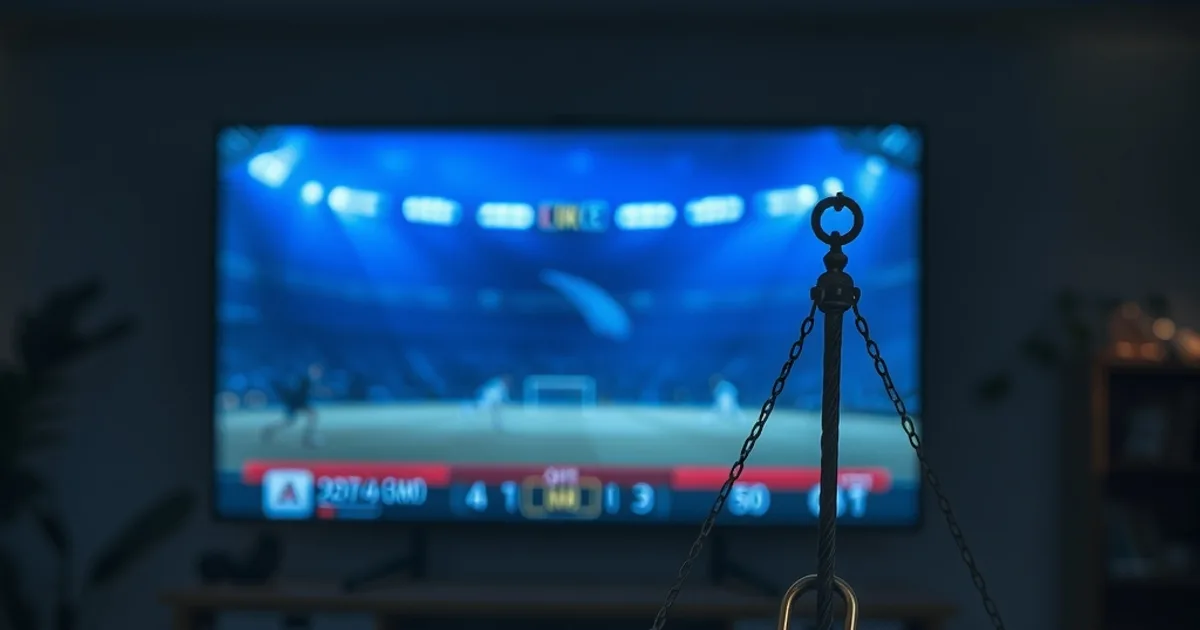 Salotto in penombra con una televisione che mostra una diretta calcistica leggermente disturbata, mentre in primo piano una bilancia con monete e un lucchetto simboleggia la scelta tra costo e affidabilità dell'IPTV a pagamento.