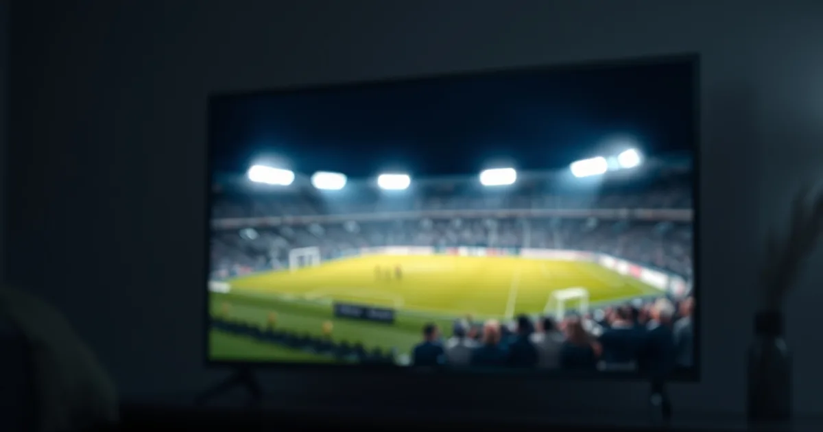 Box Android TV illuminato in un salotto scuro, con una partita di calcio notturna proiettata sulla TV sullo sfondo