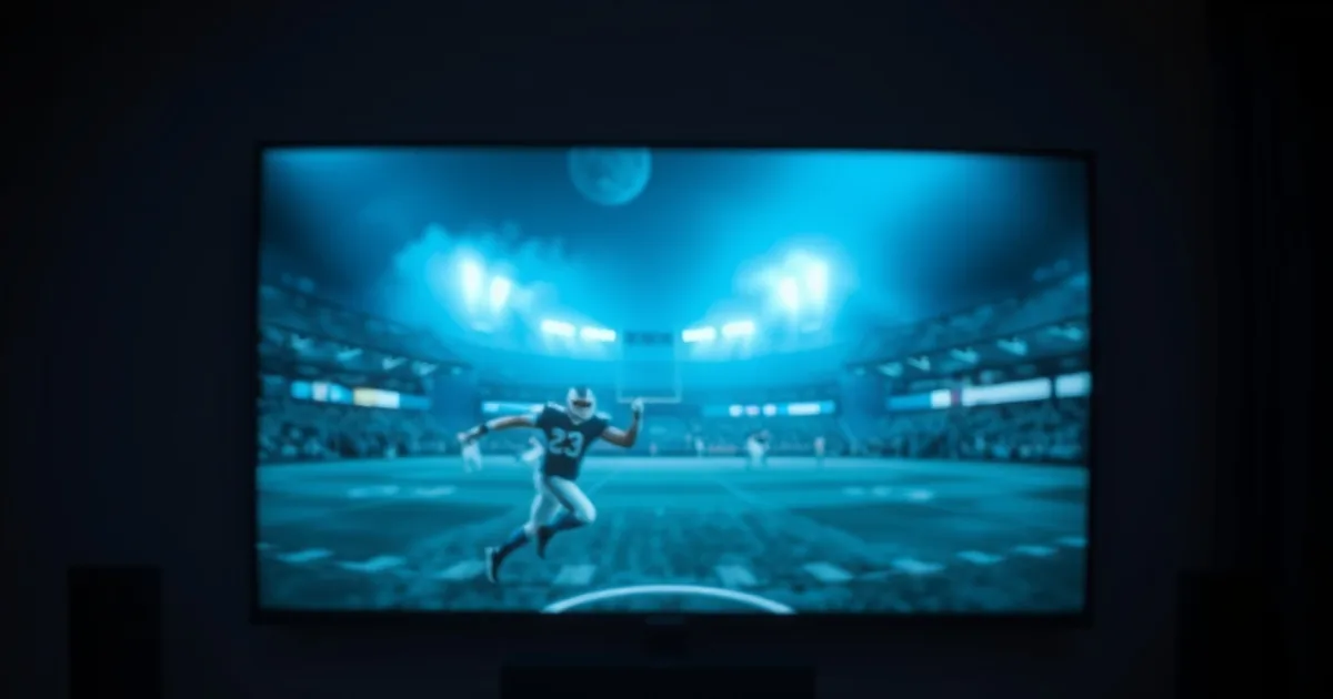 Salotto buio con schermo TV che mostra un'interruzione durante una partita di calcio, due telecomandi sul tavolo: uno acceso e uno di scorta, atmosfera cinematografica.