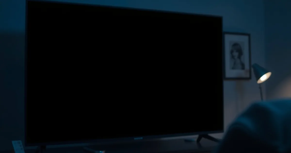 Televisore con schermo completamente nero in un salotto buio, router con luci blu accese sullo sfondo