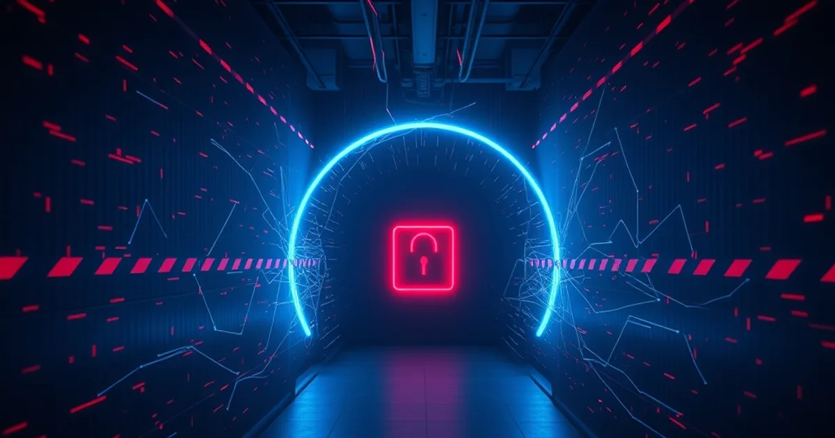 Tunnel digitale blu che attraversa una barriera di segnali rossi bloccati, rappresentazione simbolica dello sblocco di una rete tramite VPN