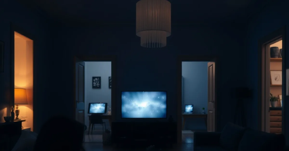 Salotto di casa in penombra con più schermi accesi contemporaneamente in stanze diverse durante una serata di partite