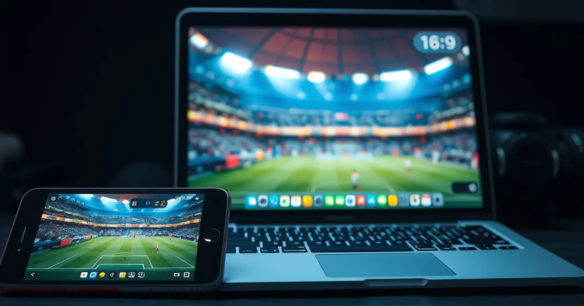 iPhone, iPad e Mac allineati su una scrivania scura, ciascuno con una partita di calcio in riproduzione, atmosfera cinematografica notturna