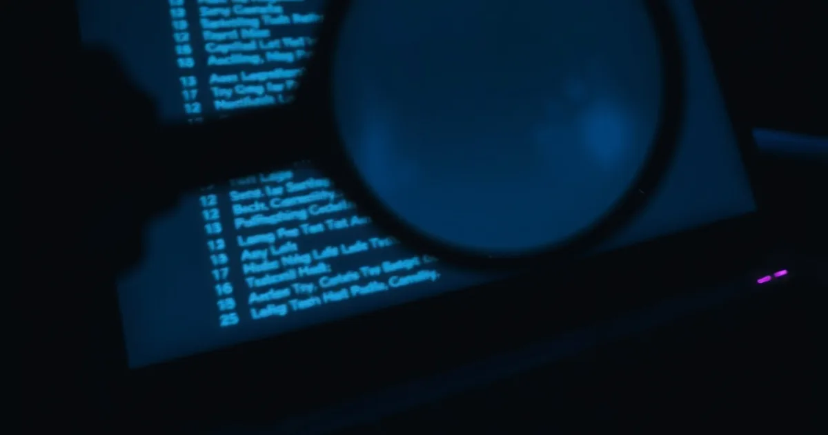 Una lente d'ingrandimento illuminata dalla luce blu di uno schermo che mostra righe di codice di una playlist, in una stanza scura