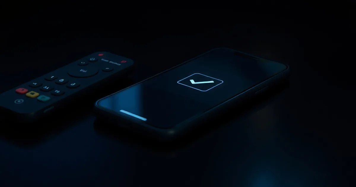 Uno smartphone con un'icona di verifica illuminata accanto a un telecomando TV su un tavolo scuro, atmosfera cinematografica in penombra