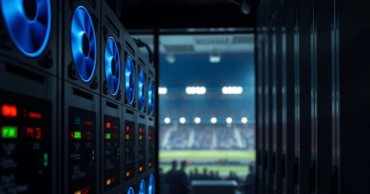 Server rack in una sala server buia con luci di stato che lampeggiano, mentre sullo sfondo si riflette un'atmosfera da stadio illuminato durante un big match notturno