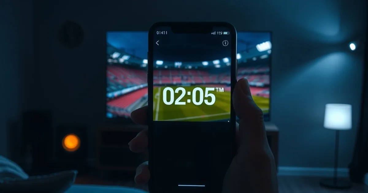 Salotto buio illuminato dallo schermo di una partita di Serie A in streaming, con uno smartphone in primo piano che mostra un cronometro per misurare il ritardo