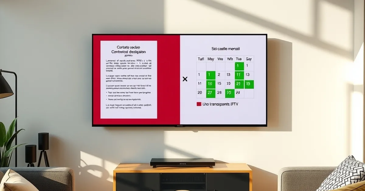 Salotto italiano luminoso di giorno con una Smart TV che mostra due schermate affiancate: a sinistra un contratto scaduto sbarrato da una X rossa, a destra un calendario con sei caselle mensili evidenziate in verde, a simboleggiare la scelta tra un abbonamento IPTV semestrale rischioso e uno trasparente