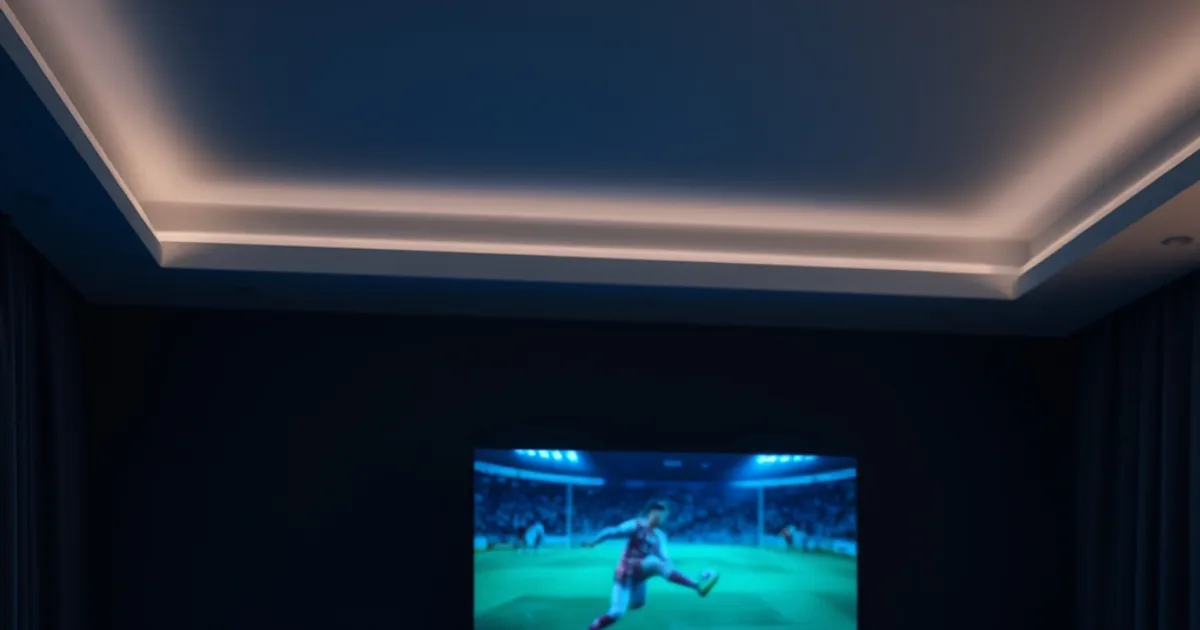 Salotto al buio con una smart TV e un tablet accesi contemporaneamente, entrambi con partite di calcio in streaming
