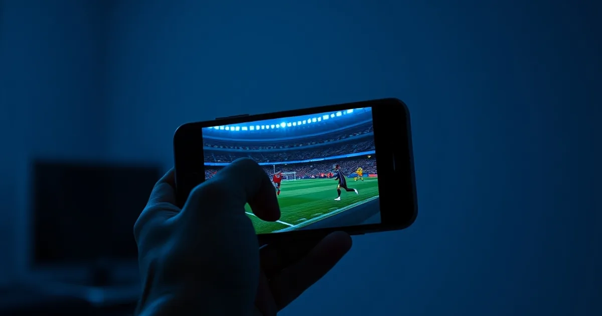 Mano che tiene uno smartphone con una partita di calcio in streaming 4K, schermo luminoso in una stanza buia
