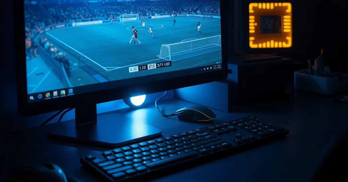 Postazione desktop Windows in una stanza buia con il monitor che trasmette una partita di calcio in streaming IPTV