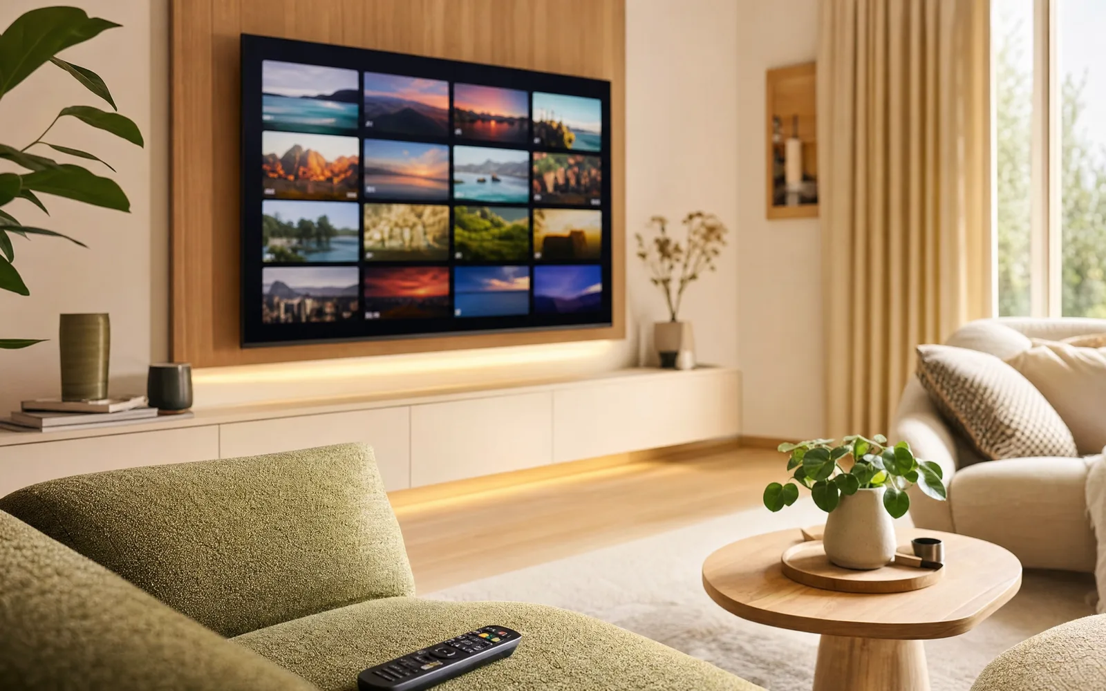 Salotto italiano luminoso di giorno con una grande Smart TV che mostra una griglia ordinata di canali, pronta per una liste IPTV completa con calcio, film e serie