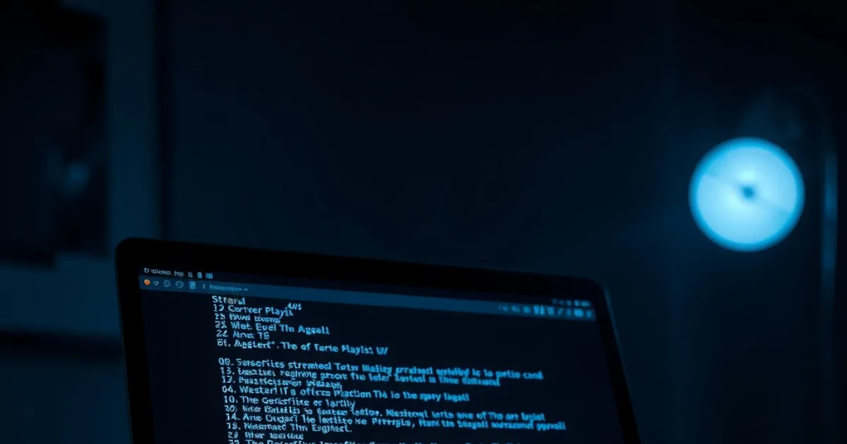 Laptop con codice di una playlist di streaming e monete simboliche in una stanza buia, atmosfera cinematografica