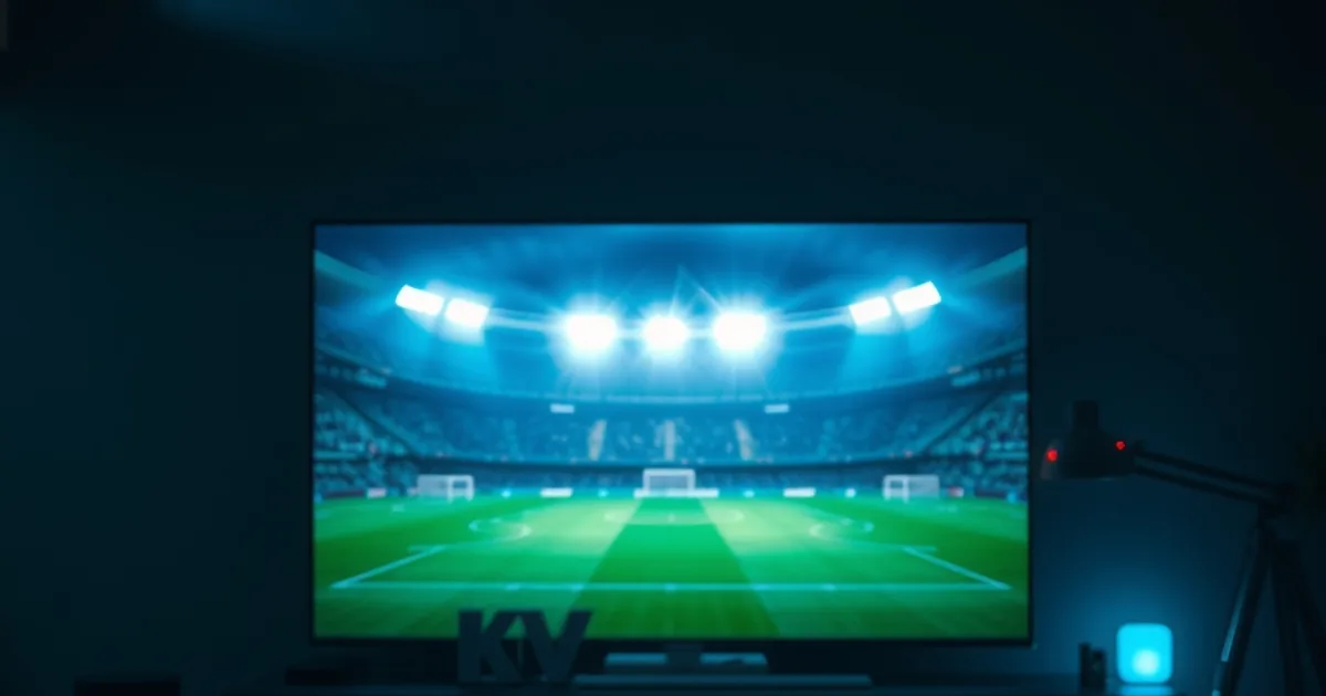 Salotto buio illuminato dallo schermo TV con campo da calcio in 4K, dispositivo di streaming e cavo Ethernet in primo piano
