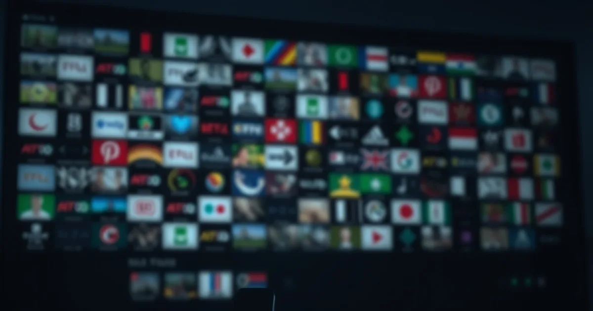 Due dispositivi per lo streaming affiancati davanti a una TV che mostra una griglia sfocata di canali, in un ambiente scuro e cinematografico