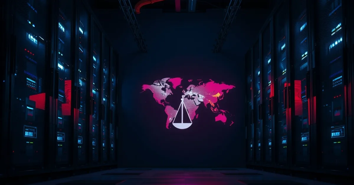 Sala server buia con luci di rete che si spengono, evocando il blocco legale di DNS e VPN esteri in Italia