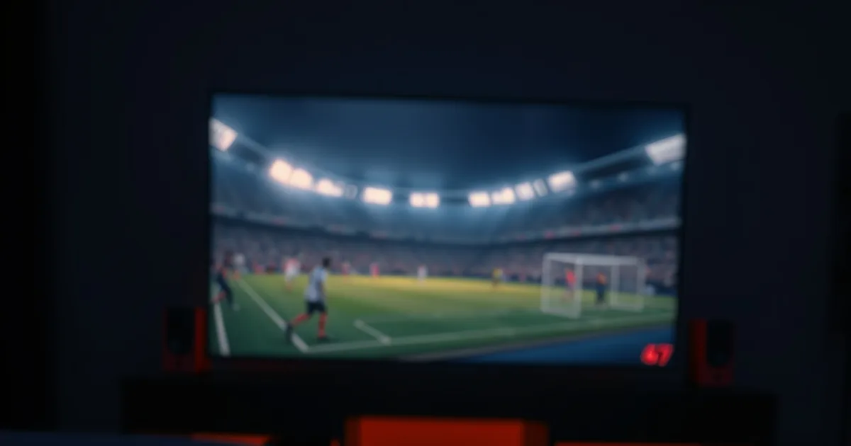 Telecomando in primo piano davanti a una TV che mostra un campo da calcio con un'icona di registrazione accesa, ambiente scuro e cinematografico