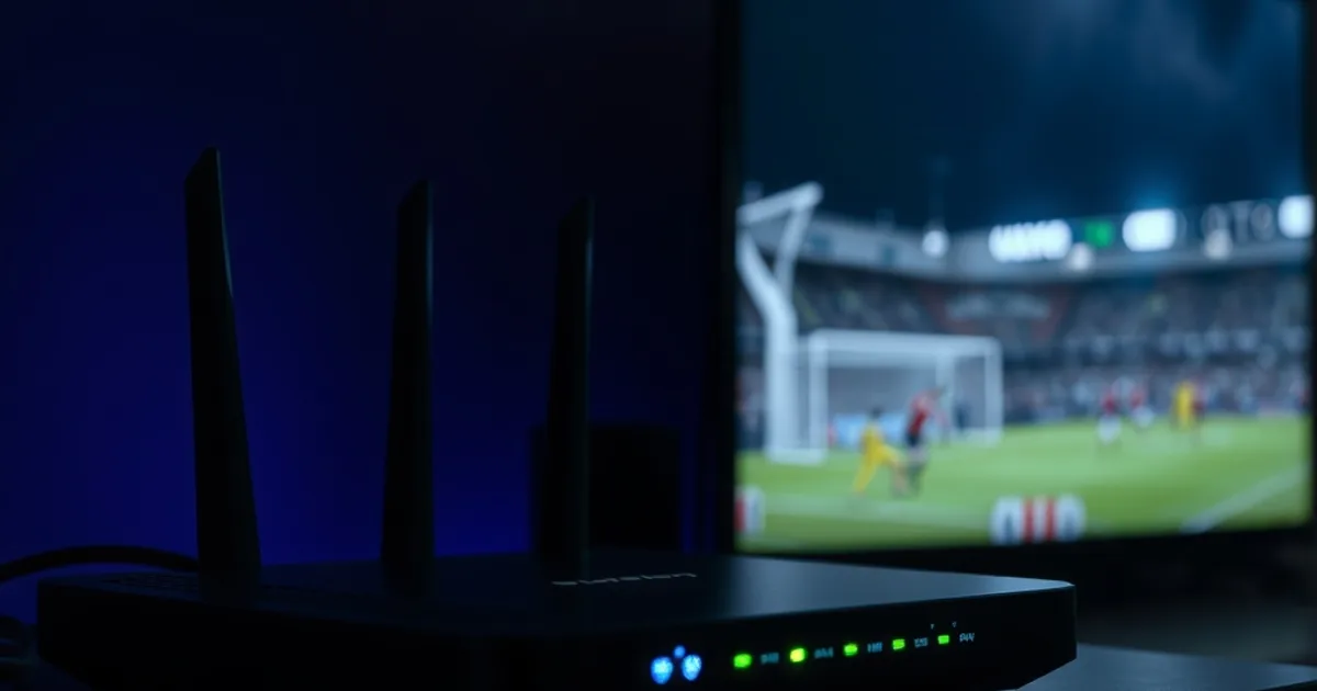 Router Wi-Fi con luci LED accese al buio, sullo sfondo il bagliore sfocato di una TV con una partita di calcio.