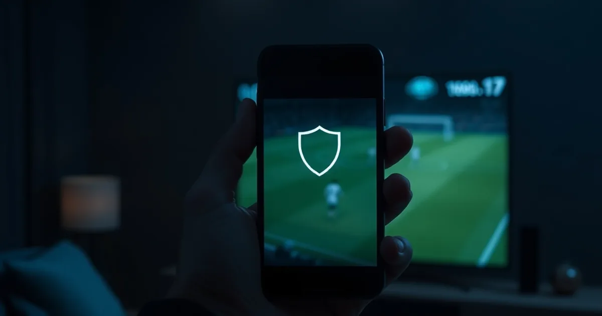 Mani che tengono uno smartphone con un'icona di scudo luminosa davanti a una TV con una partita di calcio sfocata sullo sfondo, atmosfera scura e cinematografica