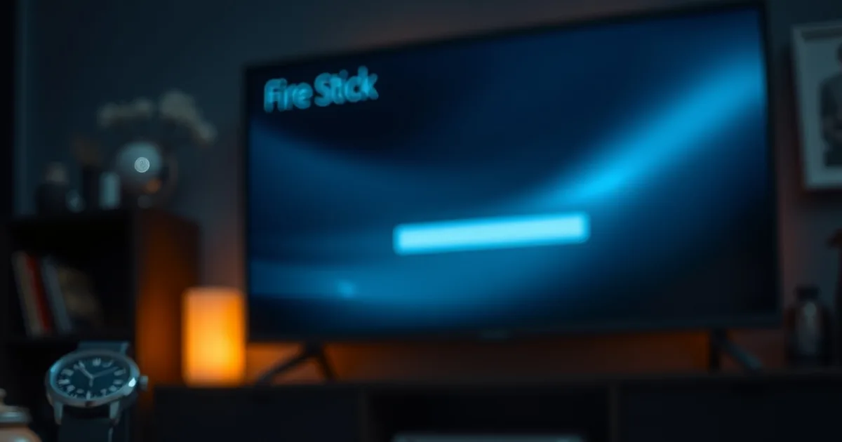 Cronometro illuminato su un tavolo scuro accanto a un telecomando Fire TV Stick e uno smartphone, con una TV sullo sfondo che mostra un'interfaccia di streaming in caricamento, atmosfera cinematografica blu