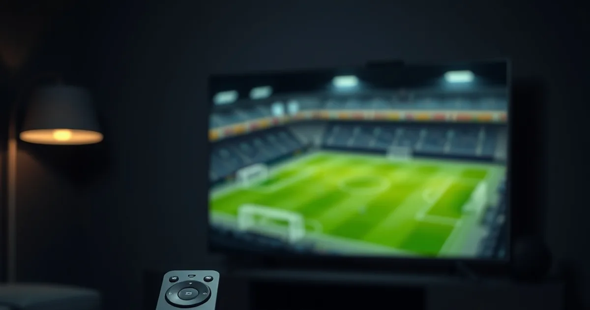 Telecomando Android TV e smartphone affiancati su un tavolo scuro, illuminati da luce blu e ambra, con una TV sullo sfondo che proietta il bagliore verde di un campo da calcio.