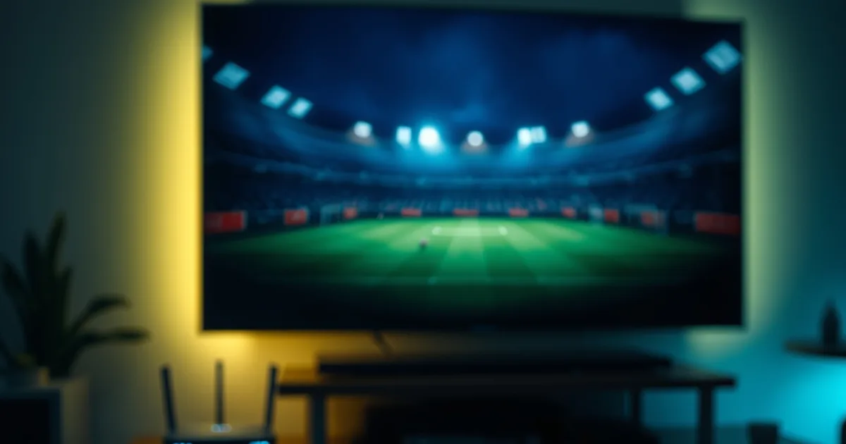 Salotto al buio illuminato dalla TV 4K con un dispositivo di streaming collegato in HDMI e un router acceso sullo sfondo