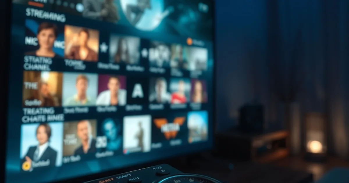 Schermo TV al buio con griglia di canali IPTV, alcuni attivi e altri spenti, e un cronometro sul telecomando in primo piano