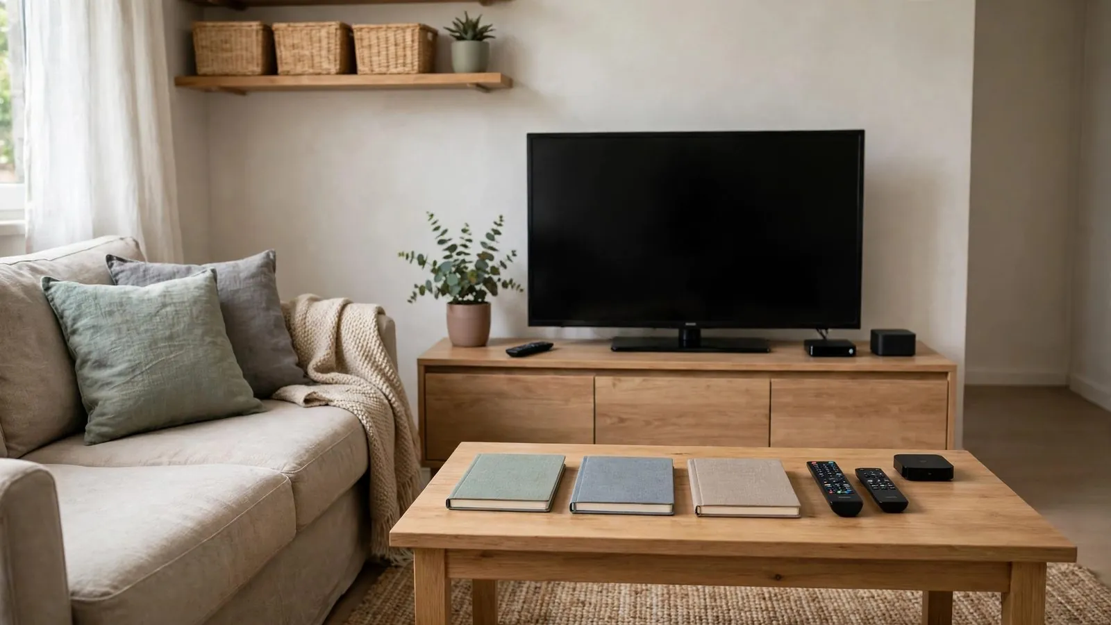 Soggiorno con divano, televisore spento e tavolino basso in legno con quaderni, telecomandi e lettore multimediale.